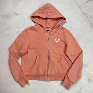True Religion Pink Zip Hoodie M Metallic Logo Cropped Peach Pink  Y2K Streetwear